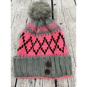 Moon Shadow Thick Acrylic Women’s Beanie Hat Pom Top Pink Grey Black